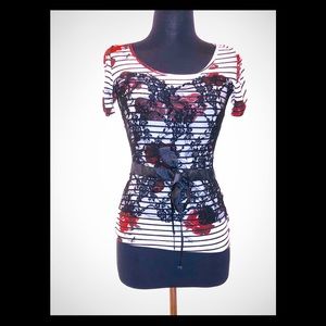 Morgan De Toi Striped Sweetheart Lace Top